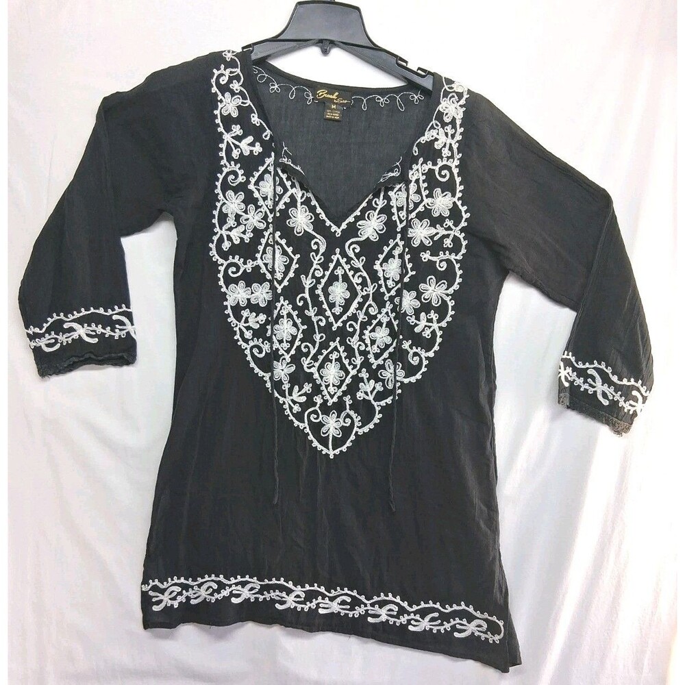 Beach Exist Womens Med Black Swimsuit Coverup Dress Embroidery Sheer Resortwear